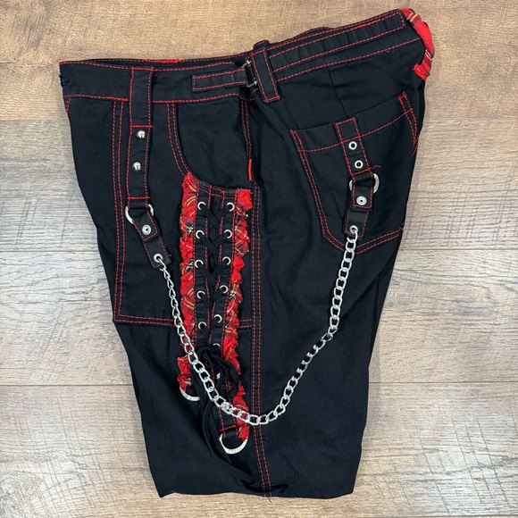 Tripp NYC Black And Red Plaid Lace-Up Chain Pants Gothic Chain Wide Leg Jeans - Picture 6 of 16